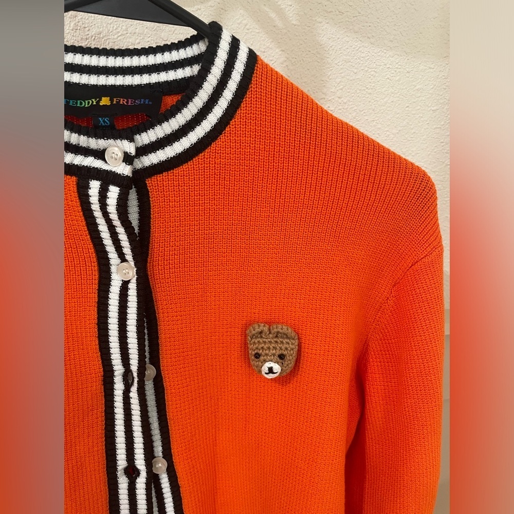 Teddy Fresh Orange Button Up Bear Cardigan with Striped Trim - Picture 4 of 6